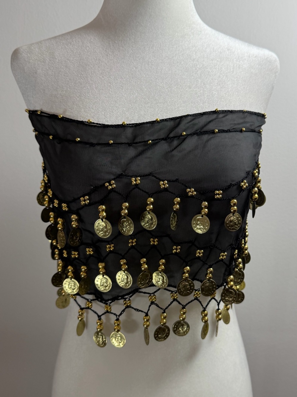 Belly Dance Hip Scarf Black Gold Coins Beaded Festival Costume Wrap Belt